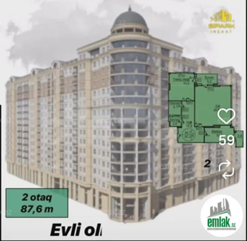 Satılır 2 otaqlı yeni tikili 87.6 m²