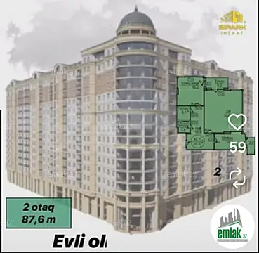 Satılır 2 otaqlı yeni tikili 87.6 m² — Bakı, Nəsimi 2 otaq 87.60 m²