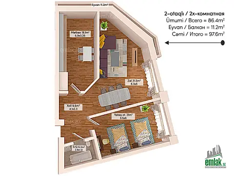Satılır 2 otaqlı yeni tikili 97.6 m²