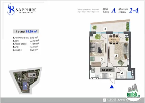 Satılır 1 otaqlı yeni tikili 63.2 m²