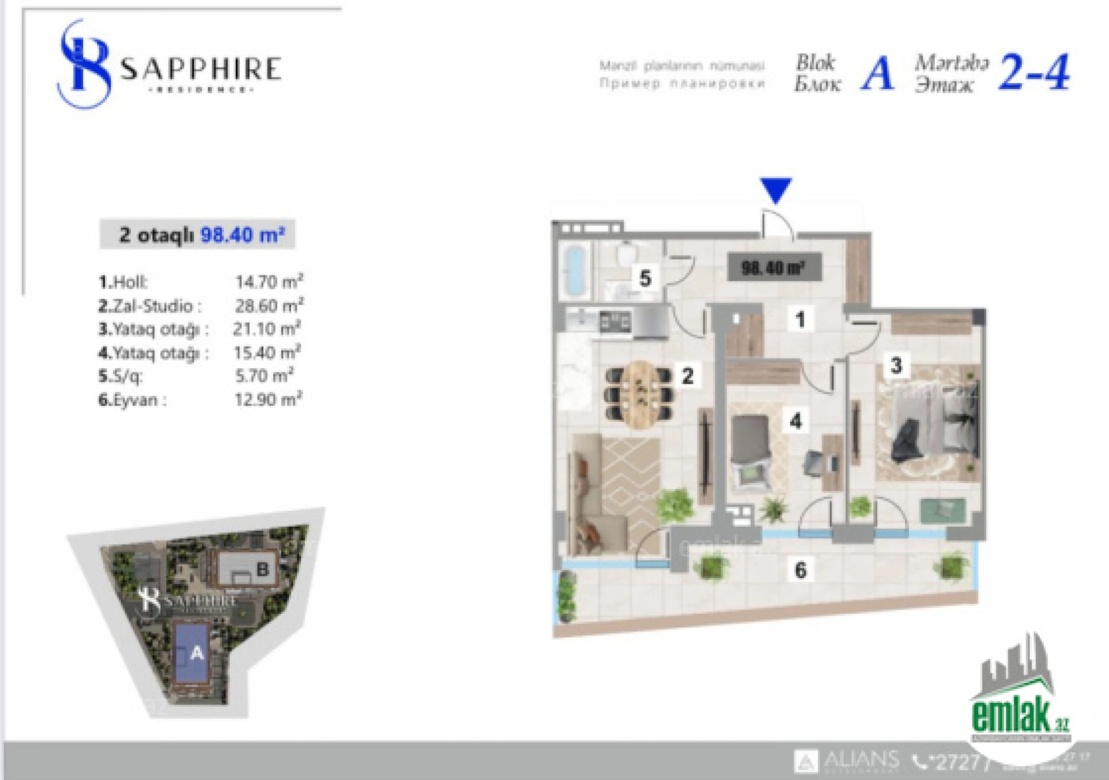 Satılır 2 otaqlı yeni tikili 98.4 m²