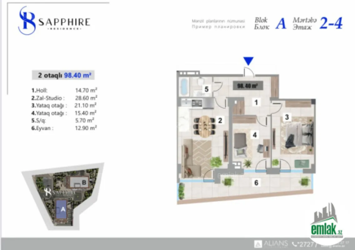 Satılır 2 otaqlı yeni tikili 98.4 m²