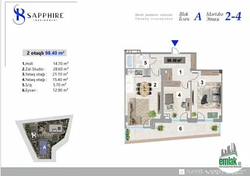 Satılır 2 otaqlı yeni tikili 98.4 m²