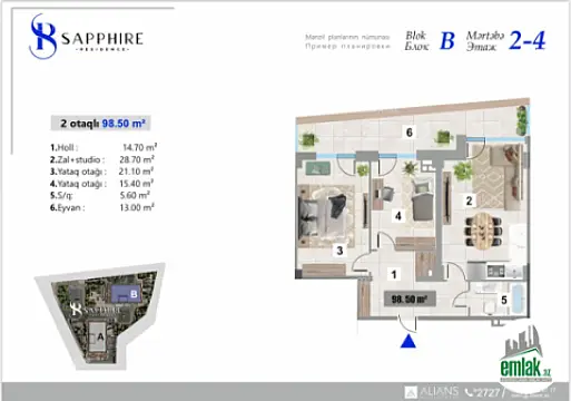 Satılır 2 otaqlı yeni tikili 98.5 m²