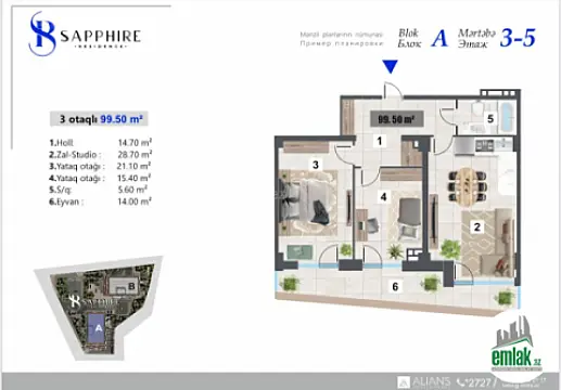Satılır 2 otaqlı yeni tikili 99.5 m²