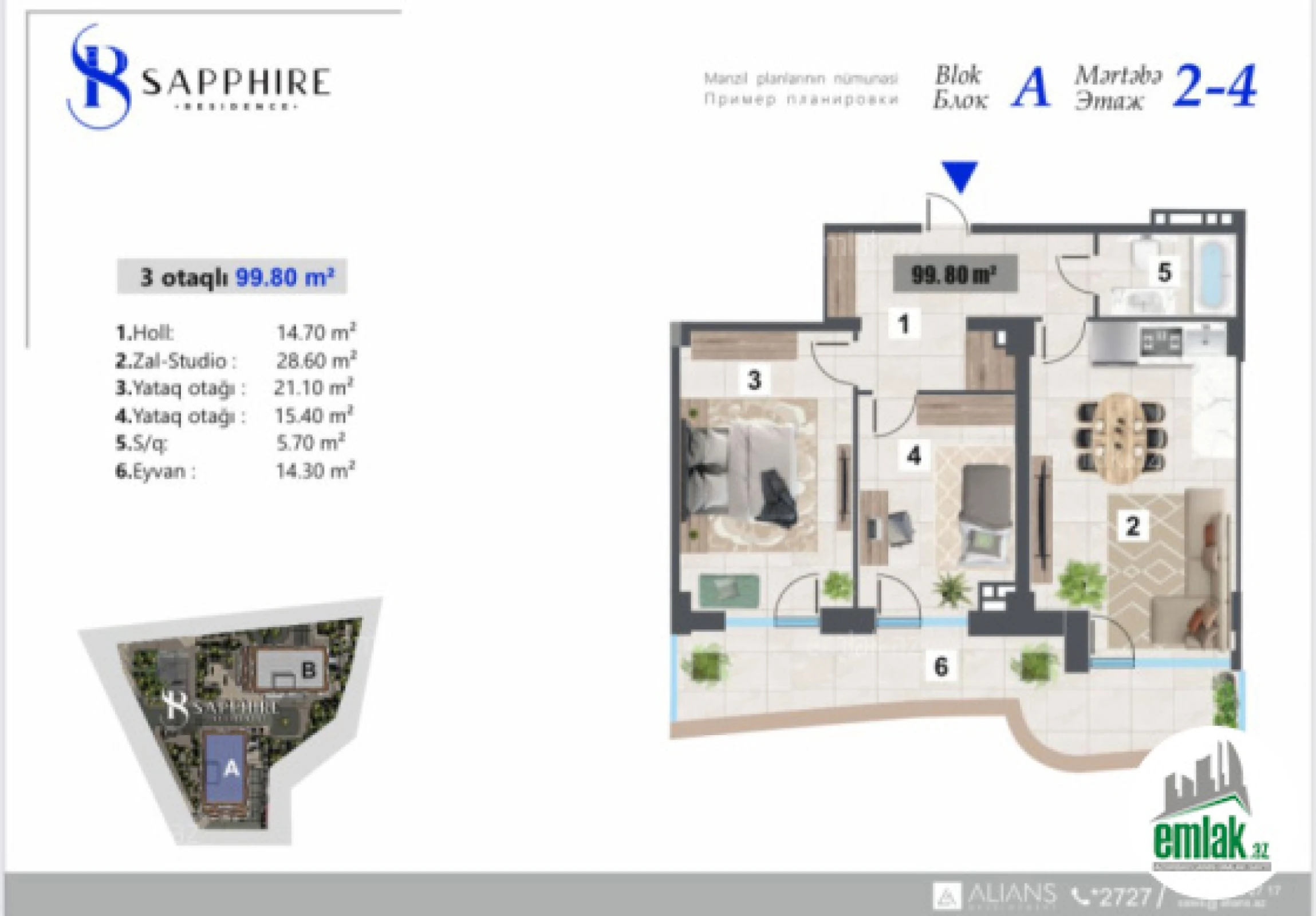 Satılır 3 otaqlı yeni tikili 99.8 m²