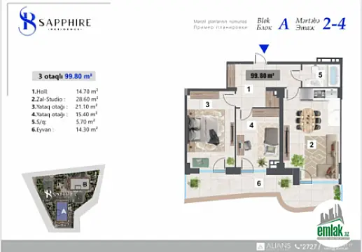 Satılır 3 otaqlı yeni tikili 99.8 m²