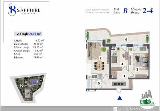 Satılır 3 otaqlı yeni tikili 99.9 m²