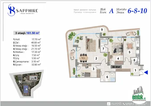 Satılır 3 otaqlı yeni tikili 161.5 m²