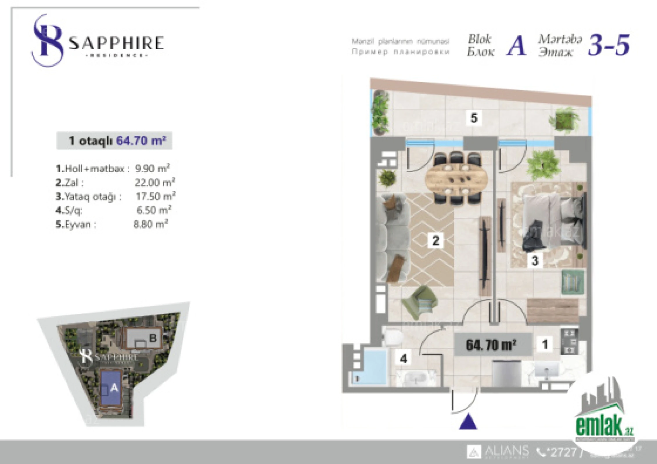 Satılır 1 otaqlı yeni tikili 64.7 m²