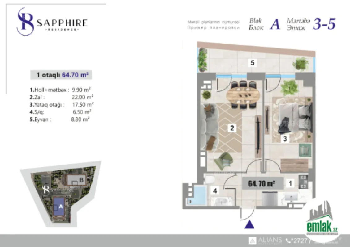 Satılır 1 otaqlı yeni tikili 64.7 m²
