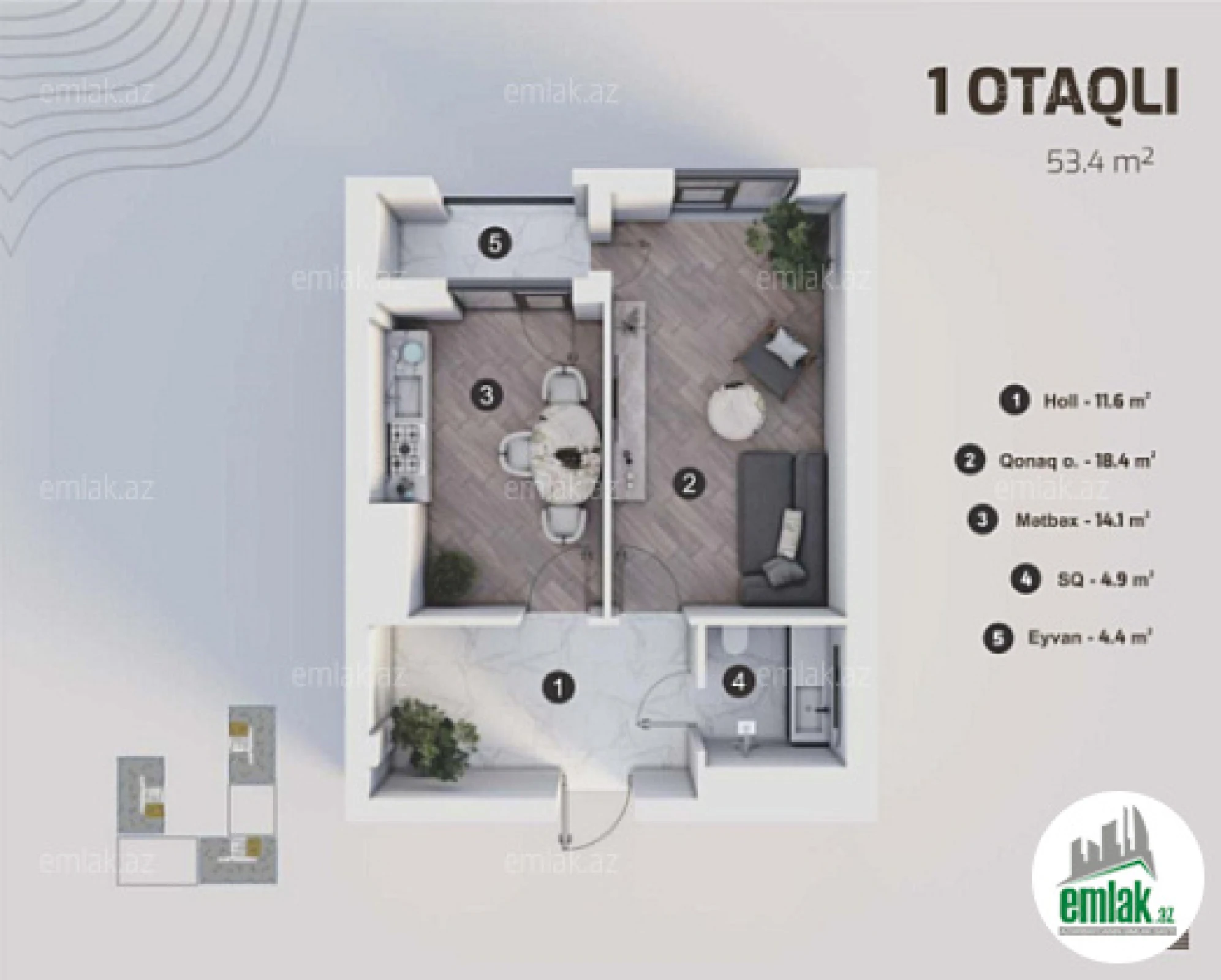 Satılır 1 otaqlı yeni tikili 53.4 m²