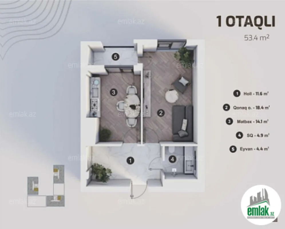 Satılır 1 otaqlı yeni tikili 53.4 m²