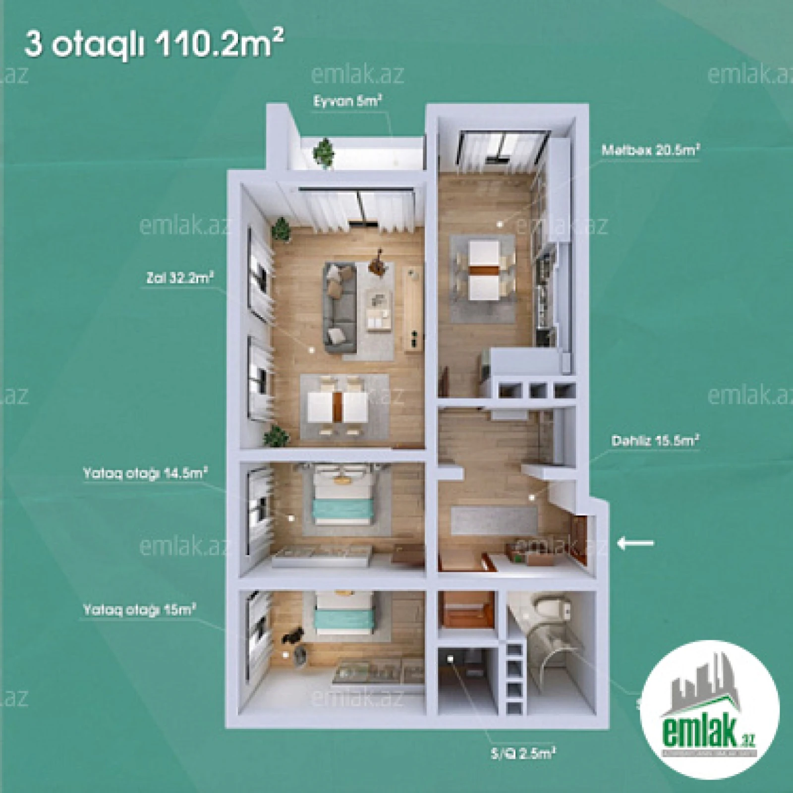 Satılır 3 otaqlı yeni tikili 110.2 m²