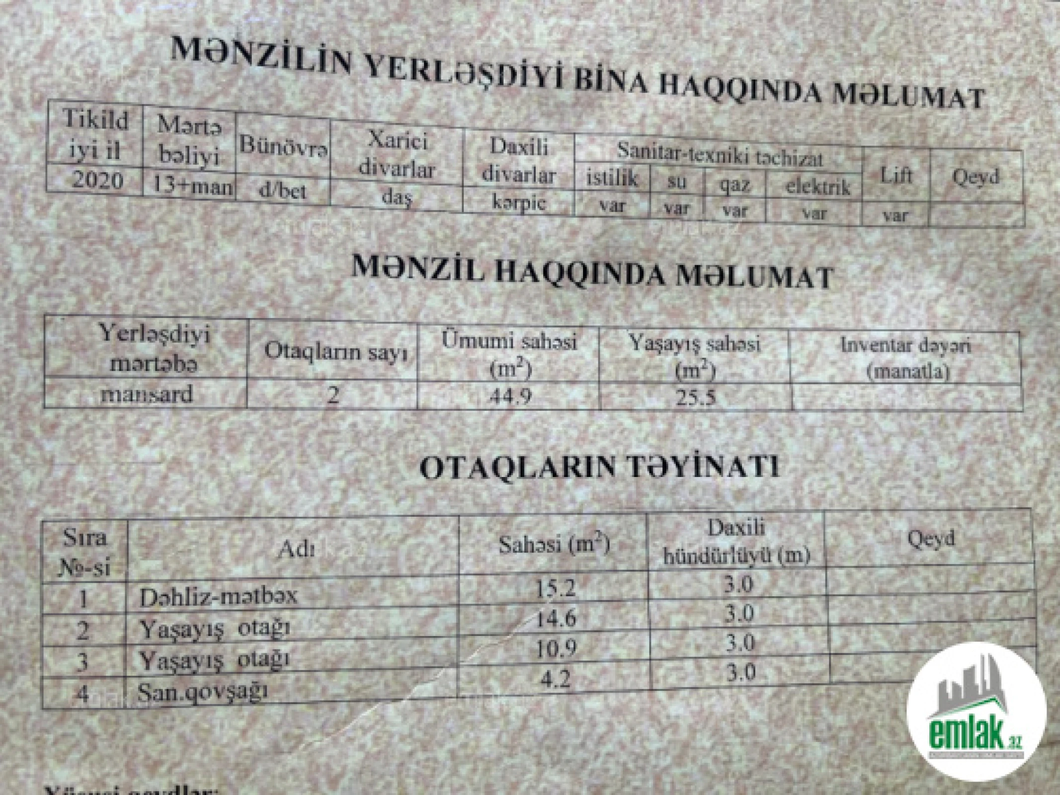 Satılır 2 otaqlı yeni tikili 44.9 m²