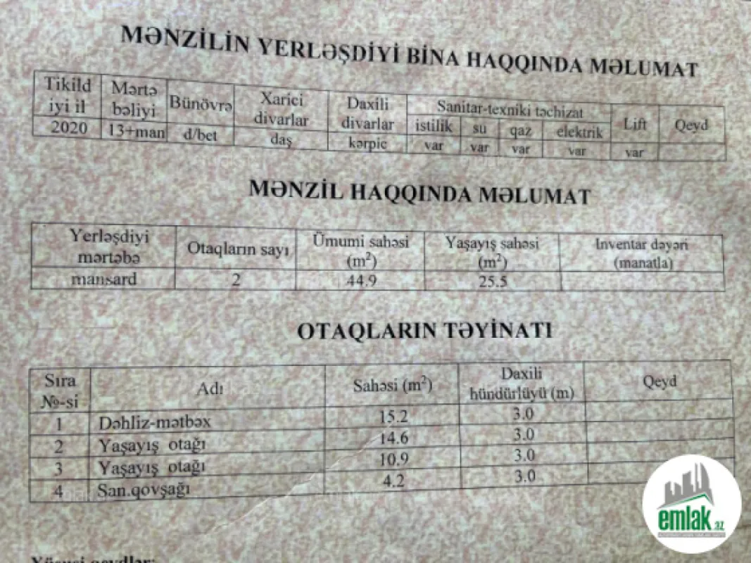 Satılır 2 otaqlı yeni tikili 44.9 m²