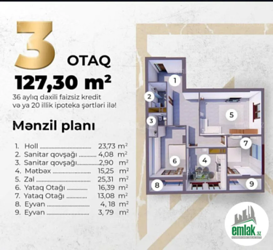 Satılır 3 otaqlı yeni tikili 127 m²