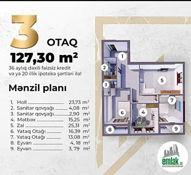 Satılır 3 otaqlı yeni tikili 127 m²