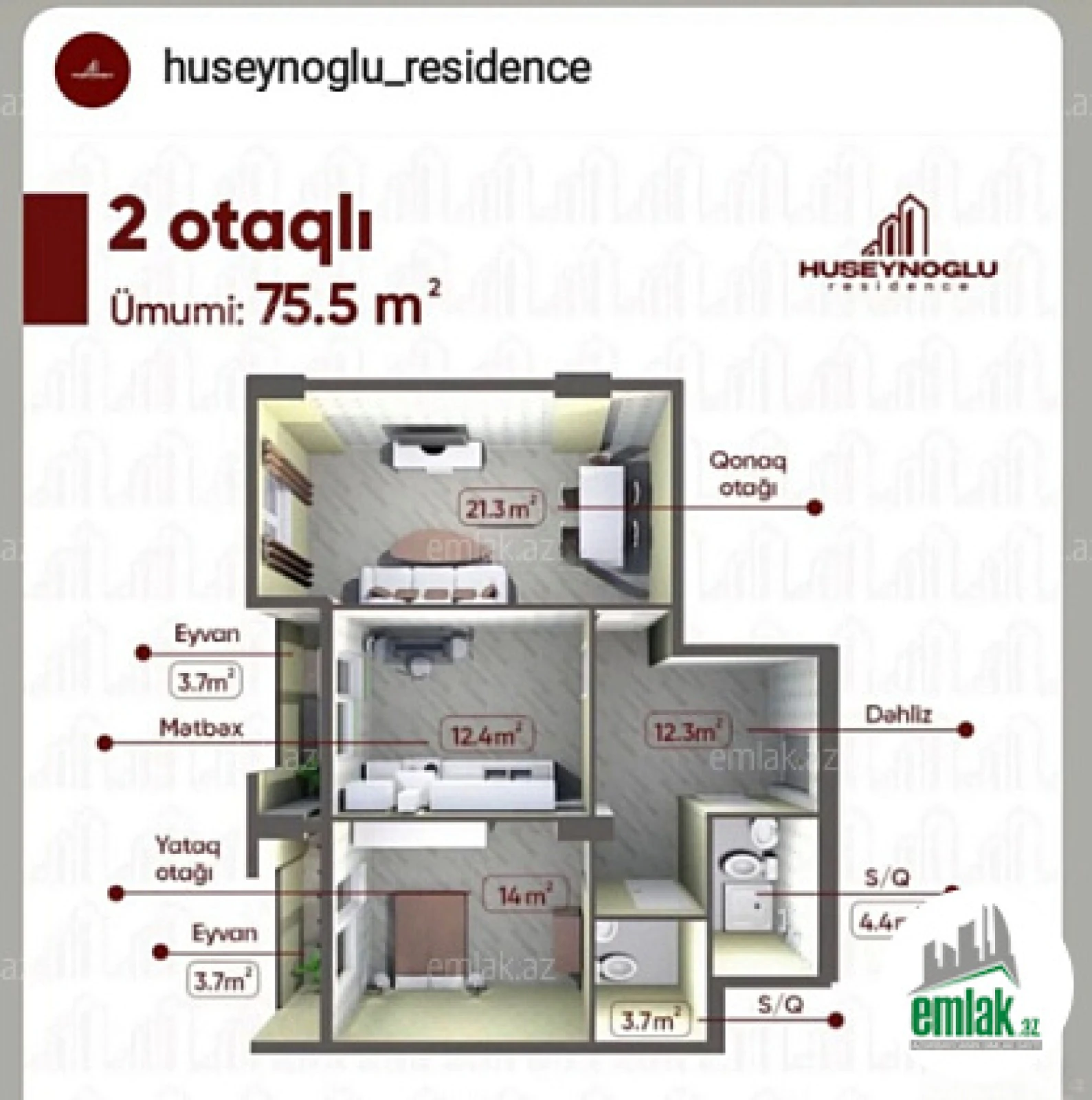 Satılır 2 otaqlı yeni tikili 77 m²