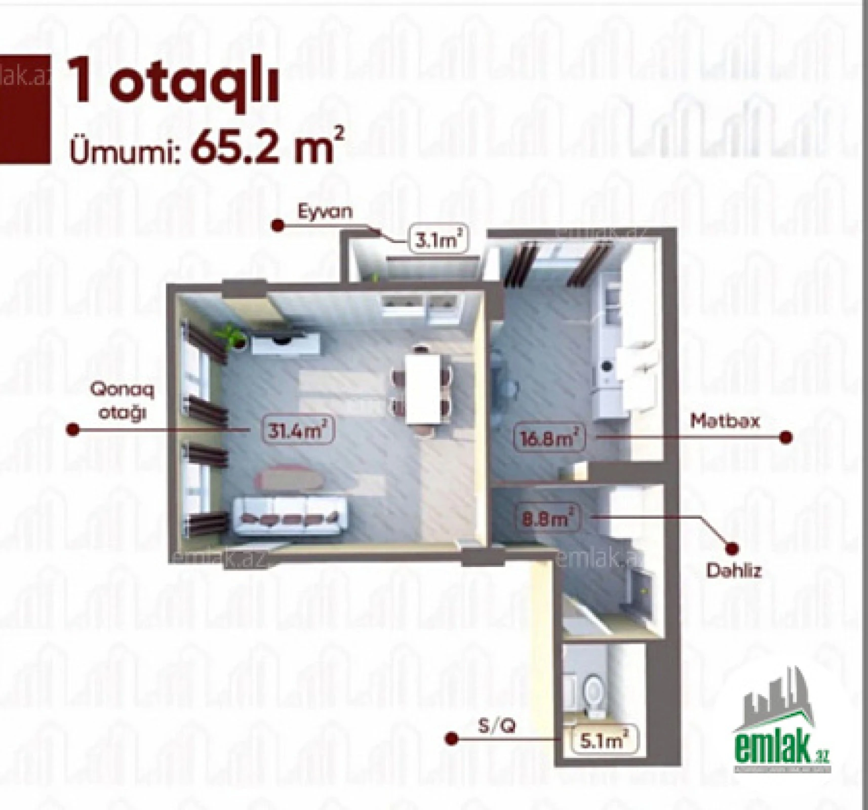 Satılır 2 otaqlı yeni tikili 65.2 m²