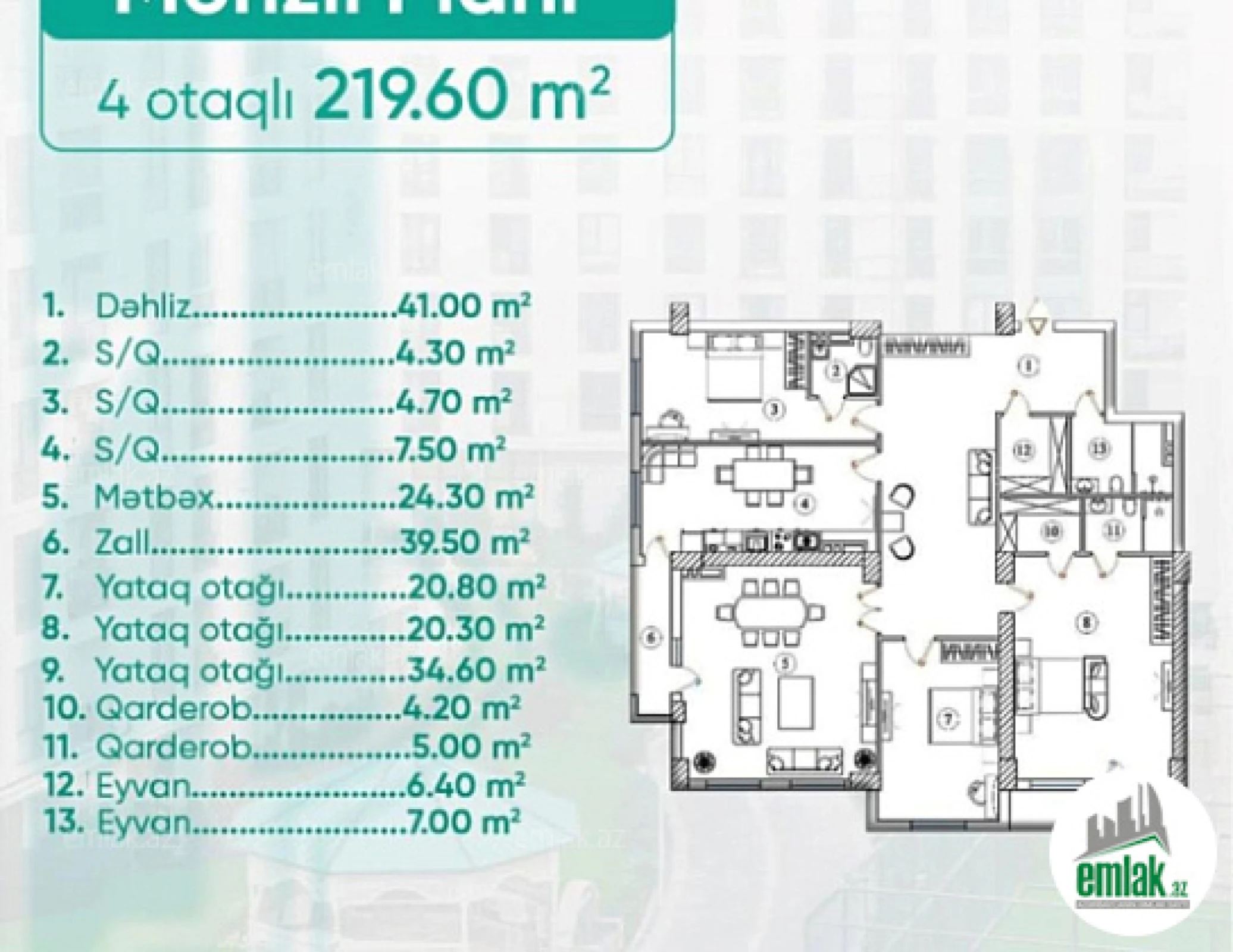 Satılır 4 otaqlı yeni tikili 220 m²