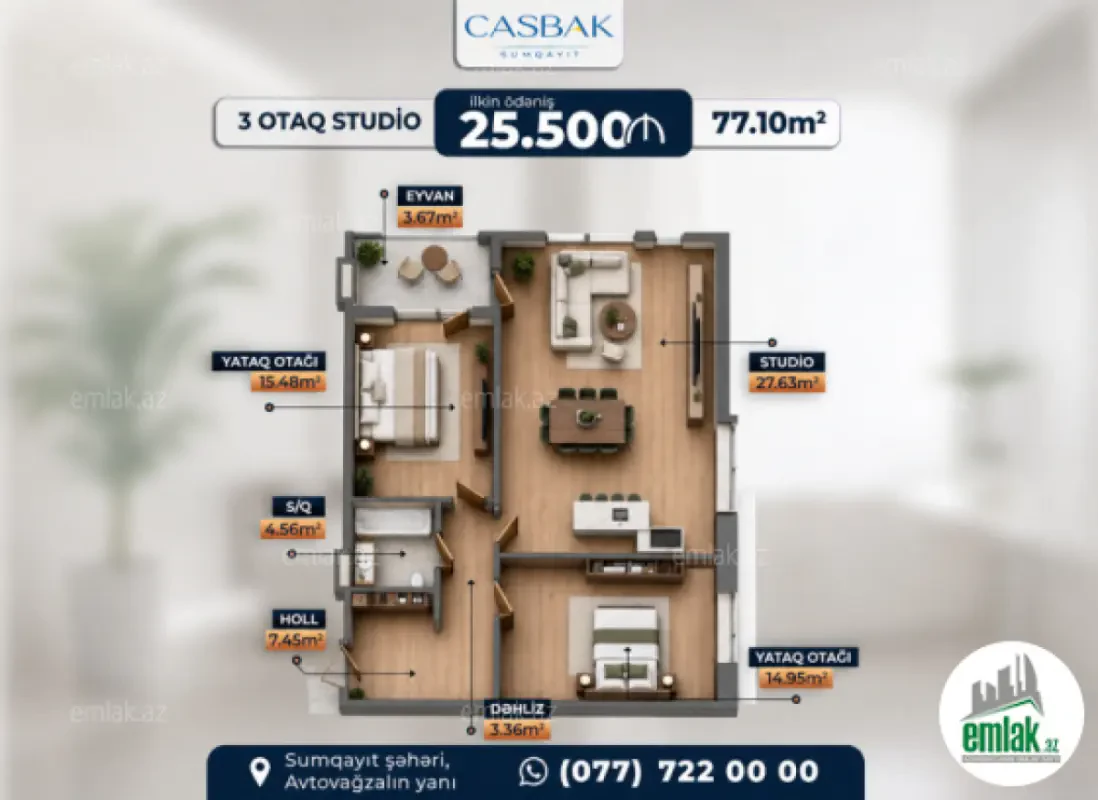 Satılır 2 otaqlı yeni tikili 77.1 m²
