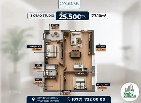 Satılır 2 otaqlı yeni tikili 77.1 m² — Bakı 2 otaq 77.10 m²