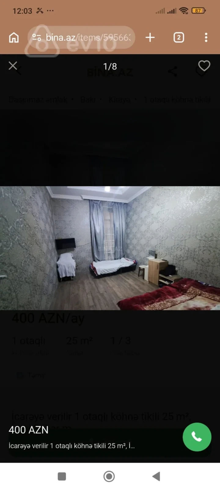 Kirayə verilir 1 otaqlı köhnə tikili 26 m²