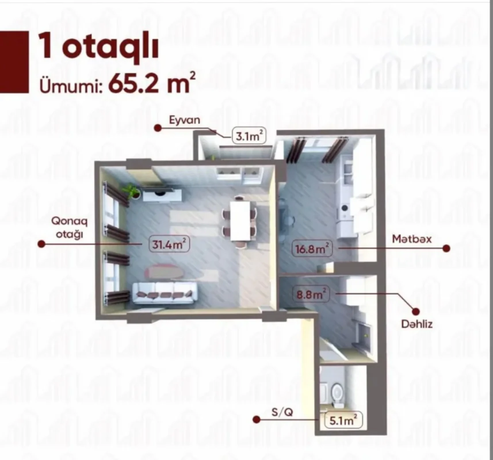 Satılır 2 otaqlı yeni tikili 65.2 m²