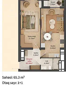 Satılır 2 otaqlı yeni tikili 65.3 m²