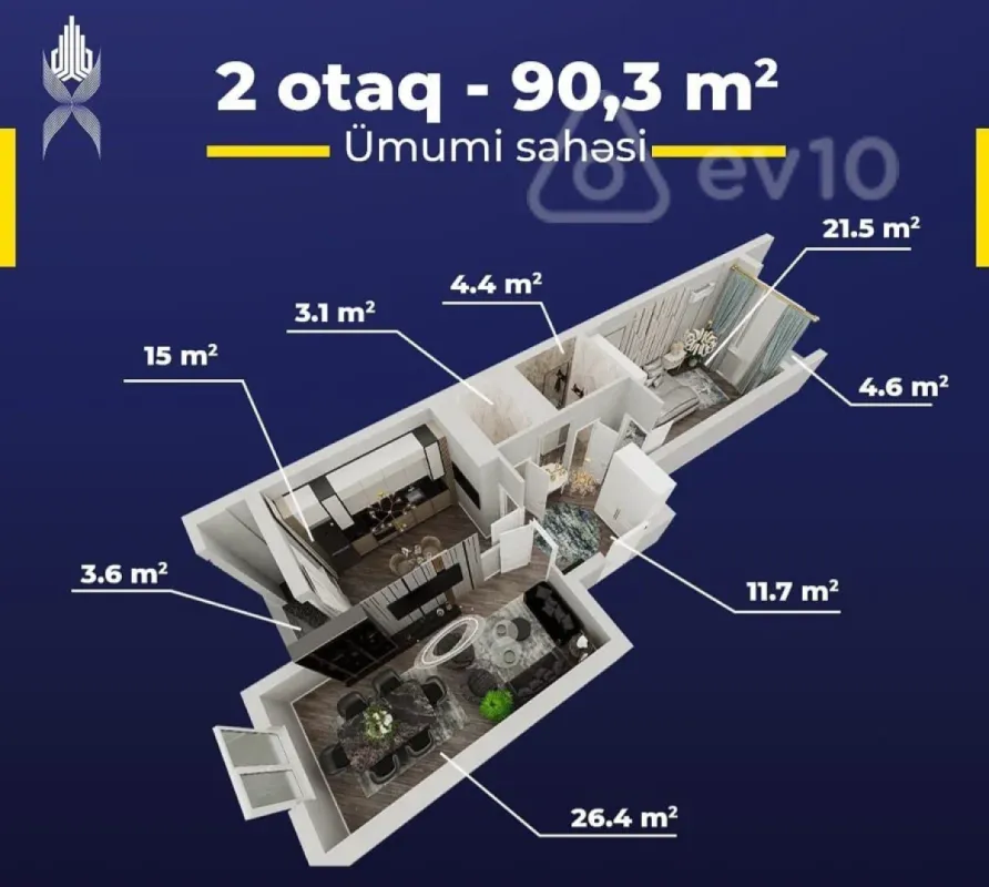 Satılır 2 otaqlı yeni tikili 90.3 m²