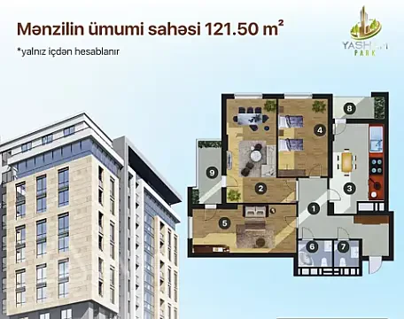 Satılır 3 otaqlı yeni tikili 121.5 m² — Bakı, Binəqədi 3 otaq 121.50 m²