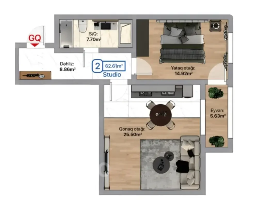 Satılır 2 otaqlı yeni tikili 62.6 m²