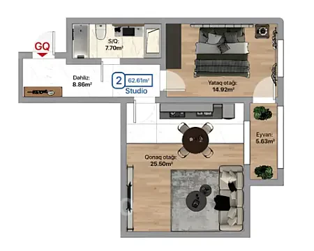 Satılır 2 otaqlı yeni tikili 62.6 m² — Xırdalan 2 otaq 62.60 m²