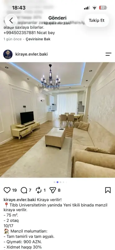 Kirayə verilir 2 otaqlı yeni tikili 75 m²