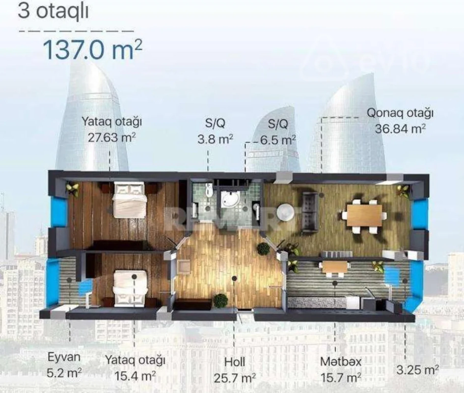 Satılır 3 otaqlı yeni tikili 137 m²