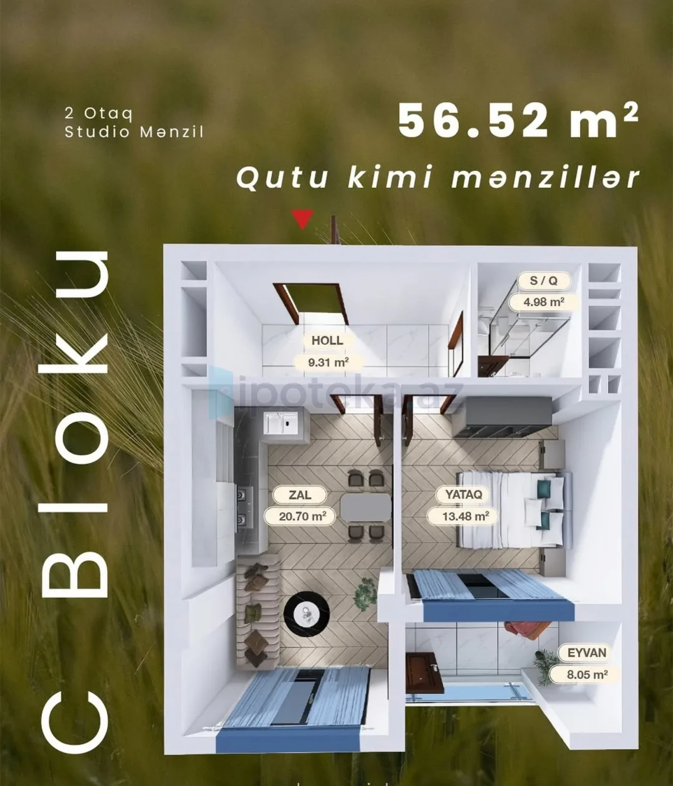 Satılır 2 otaqlı yeni tikili 57 m²