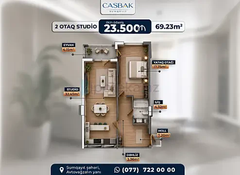 Satılır 2 otaqlı yeni tikili 69.23 m² — Bakı 2 otaq 69.23 m²