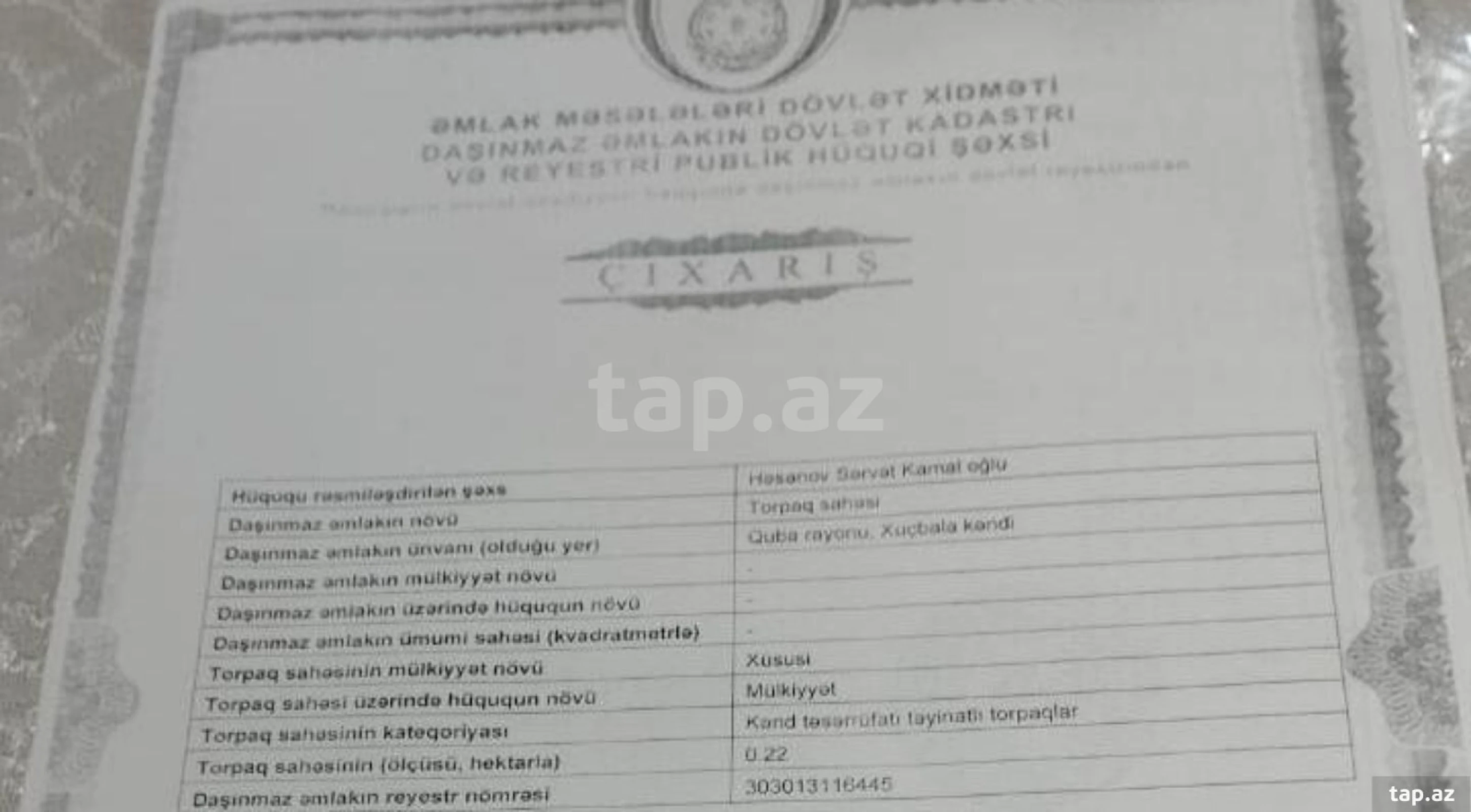 Satılır torpaq sahəsi