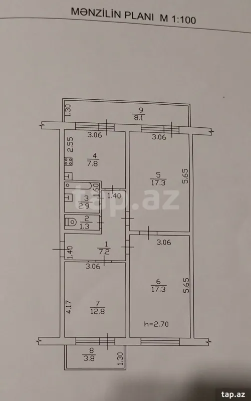 Satılır 3 otaqlı mənzil 70 m²