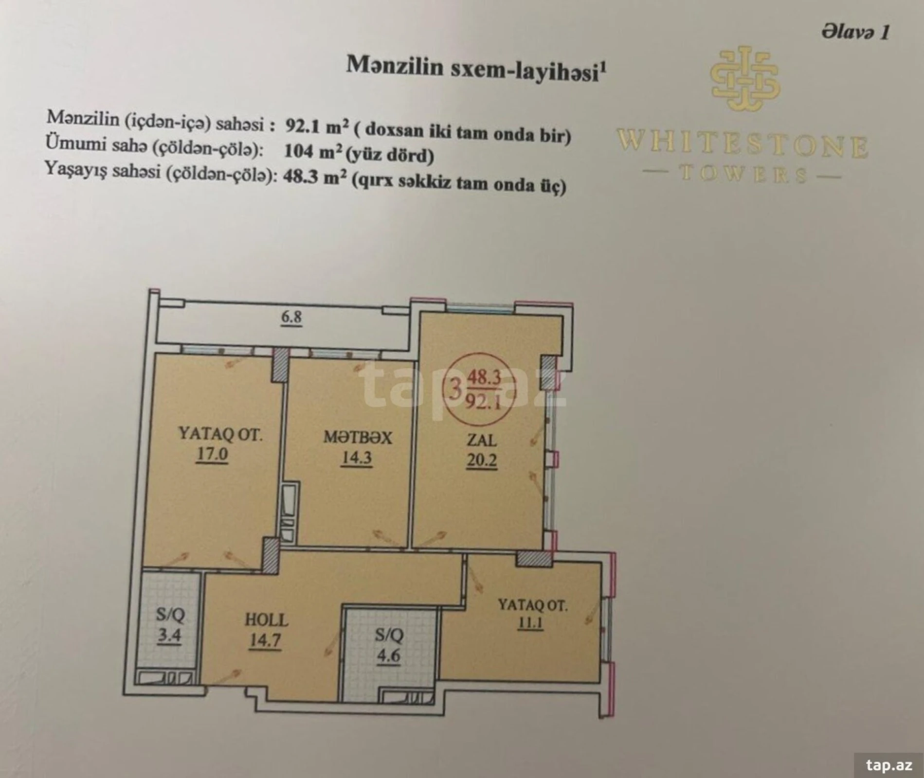 Satılır 3 otaqlı yeni tikili 104 m²