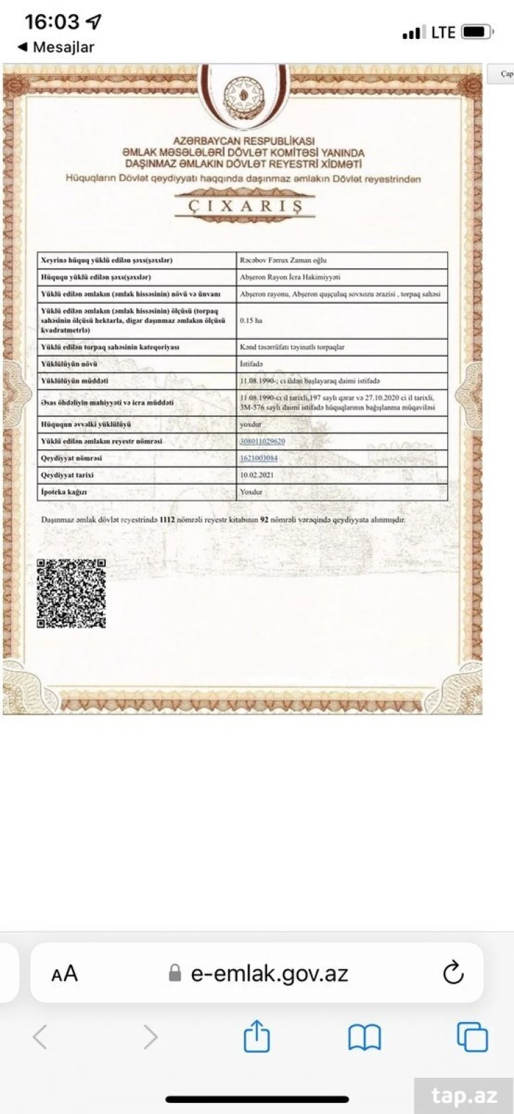 Satılır torpaq sahəsi