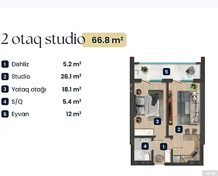 Satılır 1 otaqlı yeni tikili 66.8 m²
