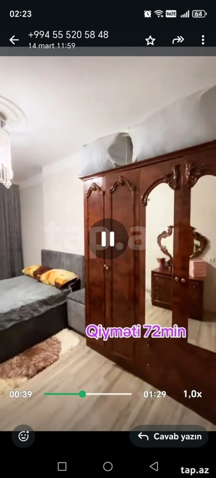 Satılır 4 otaqlı mənzil 65 m²