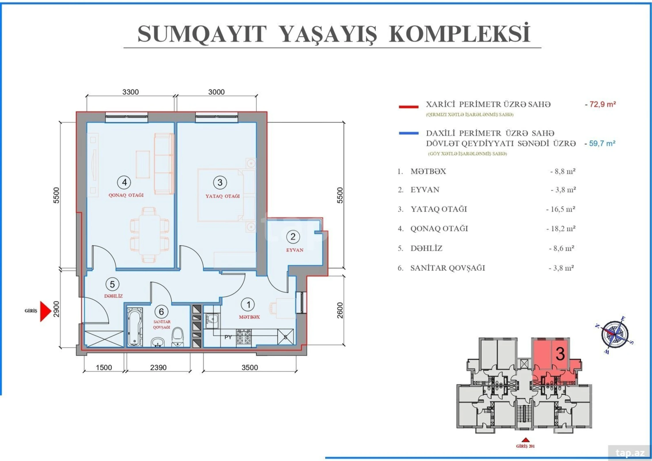 Kirayə verilir 2 otaqlı yeni tikili 72 m²