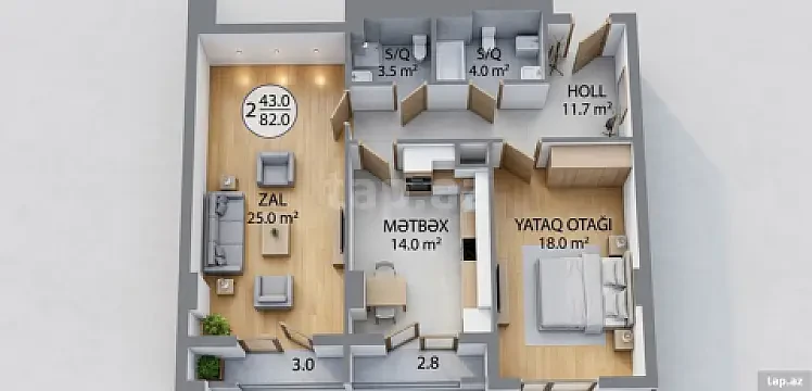 Satılır 2 otaqlı yeni tikili 74 m² — Bakı 2 otaq 74.00 m²
