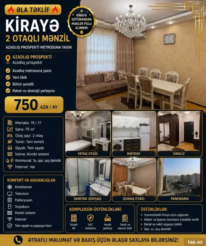 Kirayə verilir 2 otaqlı yeni tikili 75 m²