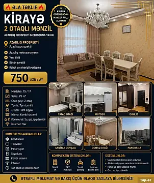 Kirayə verilir 2 otaqlı yeni tikili 75 m² — Bakı 2 otaq 75.00 m²
