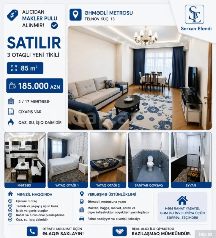 Satılır 3 otaqlı yeni tikili 85 m²