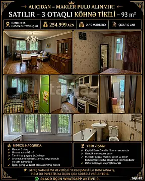 Satılır 3 otaqlı mənzil 93 m² — Bakı 3 otaq 93.00 m²